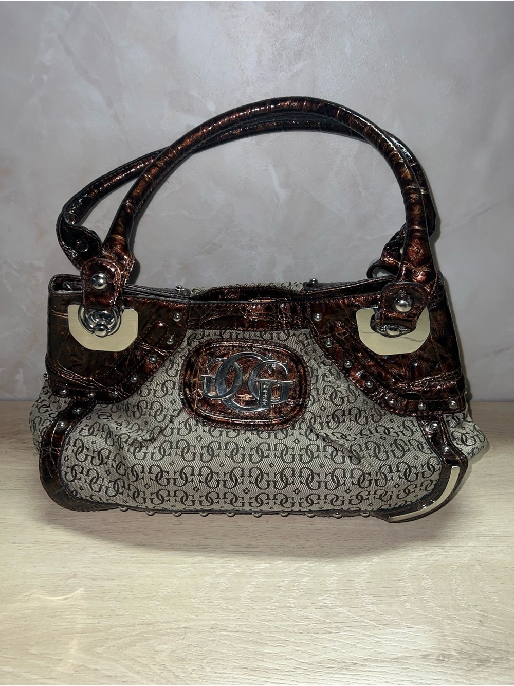 Vintage Guess Y2K Monogram Hobo Bag Bronze Croc Embossed Studded Purse